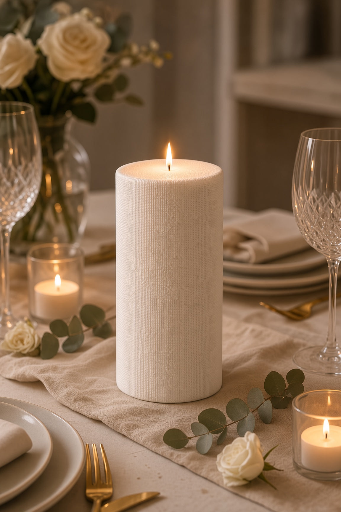 Textured white pillar candle lit on an elegant dinner table