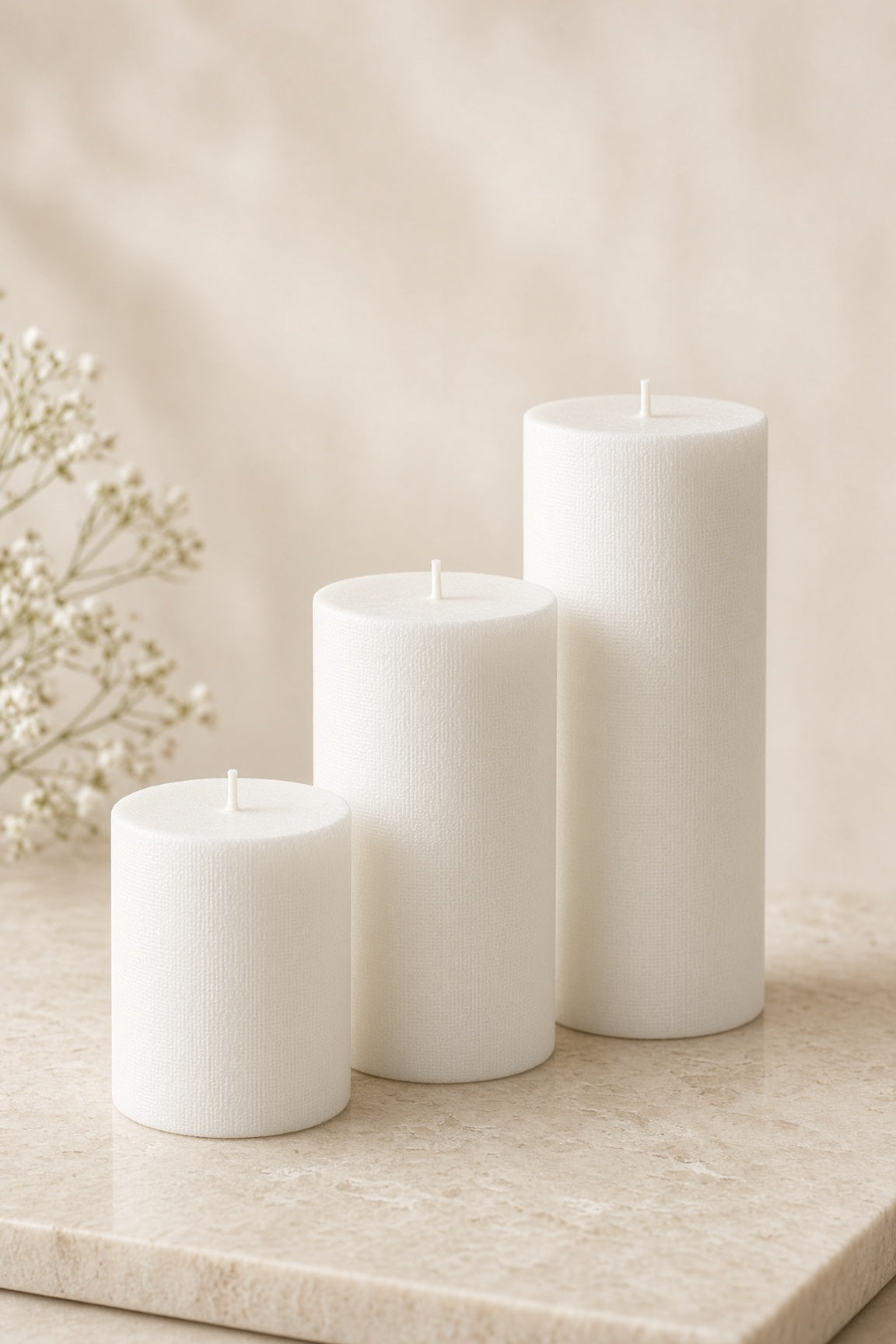 Trio of textured white pillar candles in graduated heights