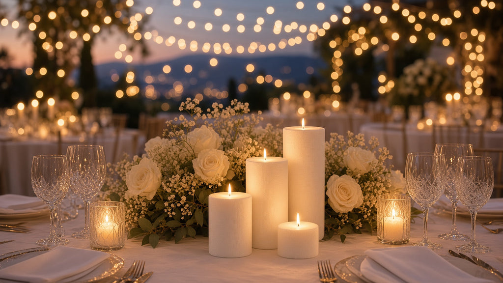 Lit pillar candle trio centerpiece at an evening wedding reception