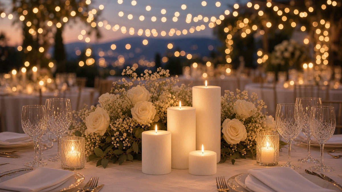 Lit pillar candle trio centerpiece at an evening wedding reception