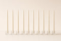 Row of ivory taper dinner candles in glass holders