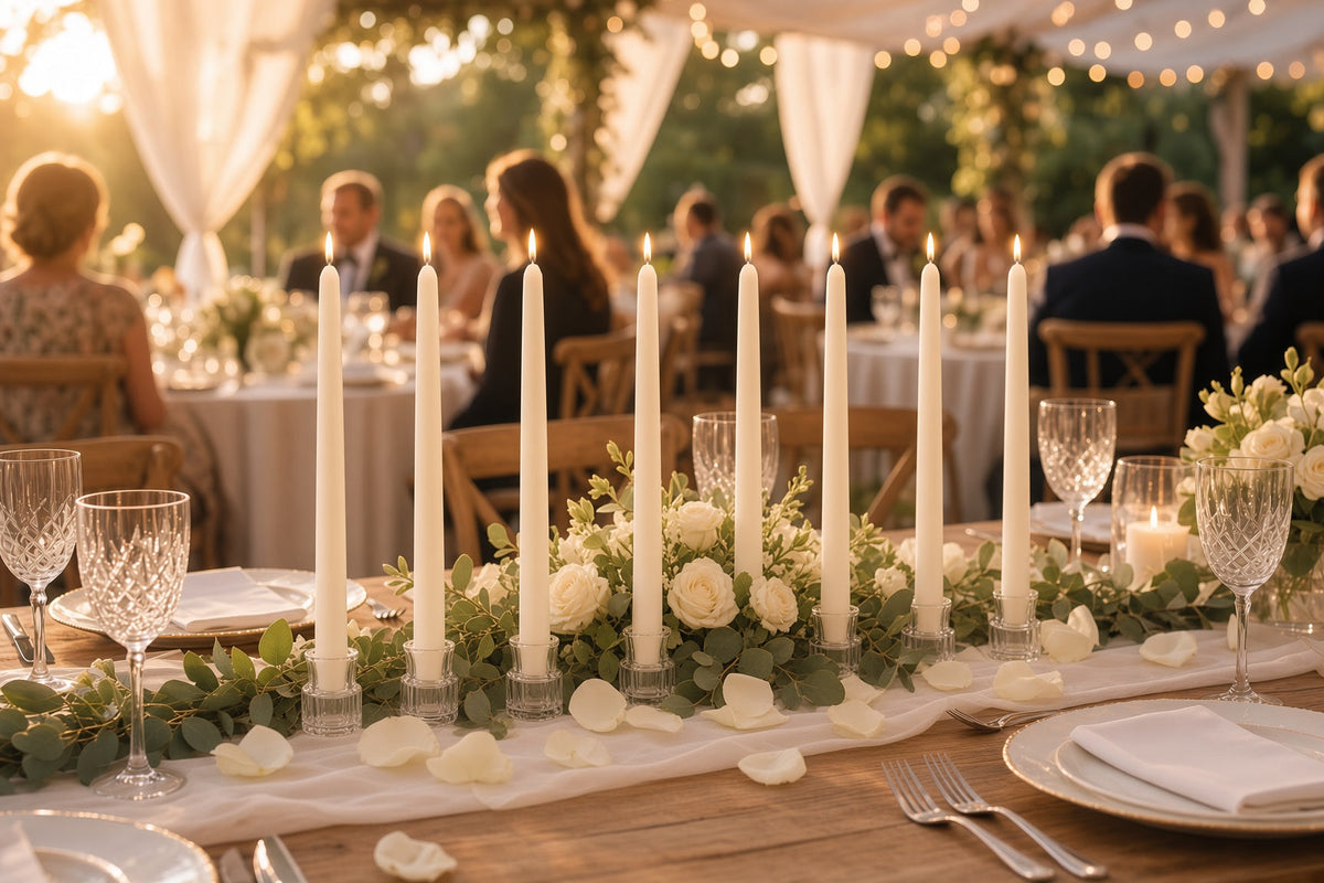 Lit ivory taper candles down a wedding reception table