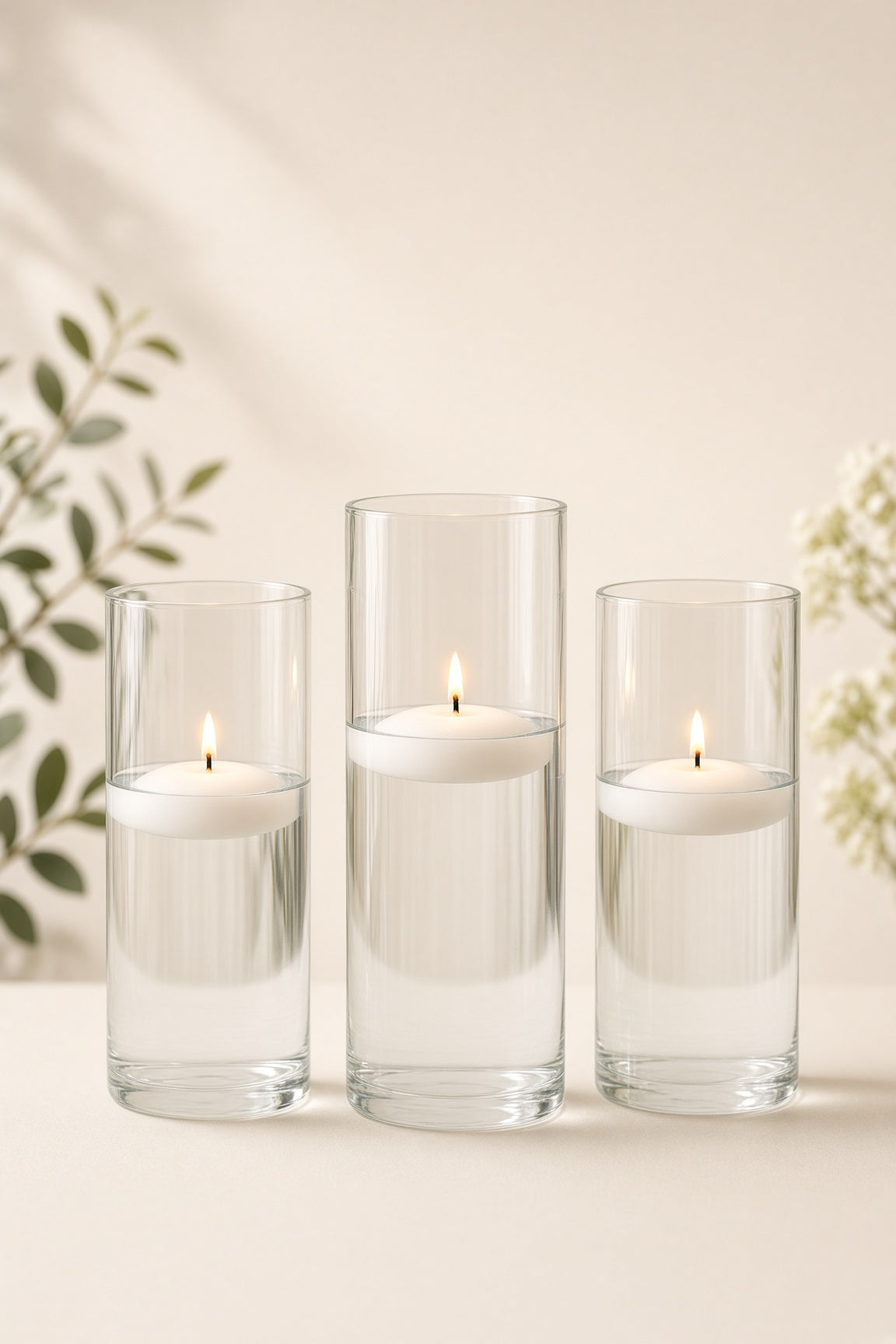 White floating candles lit in glass cylinder vases