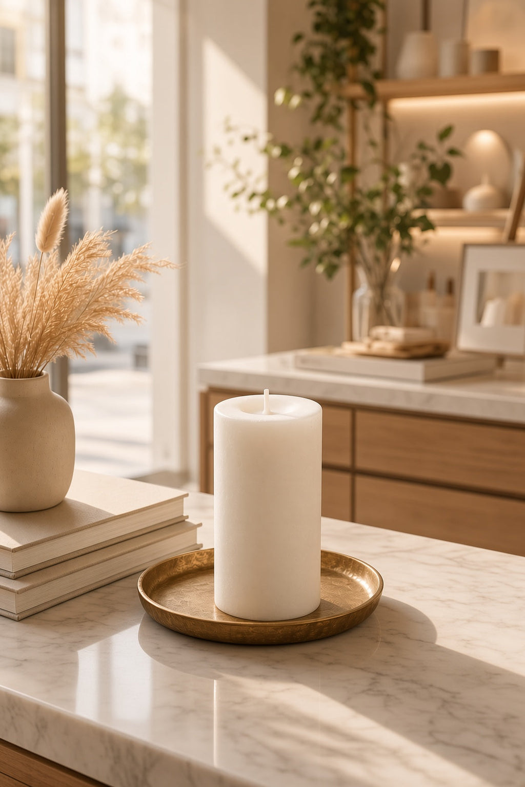 Smooth white pillar candle on a brass tray in a bright room