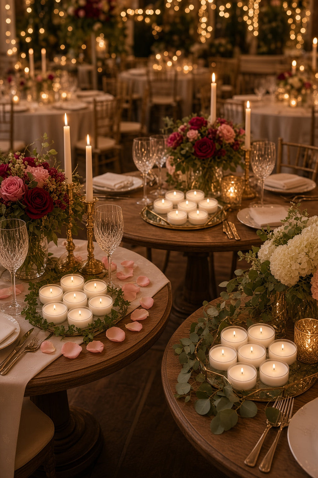 Lit tealights on gold trays at a wedding reception